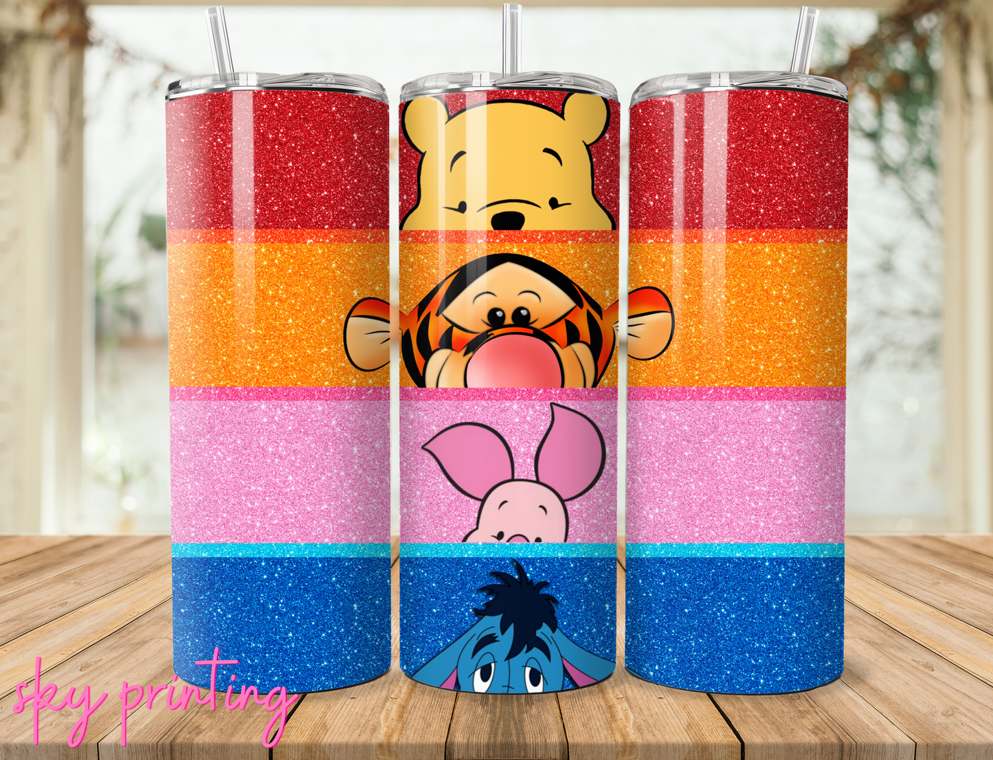 20 oz steel tumbler with plastic straw, winnie pooh