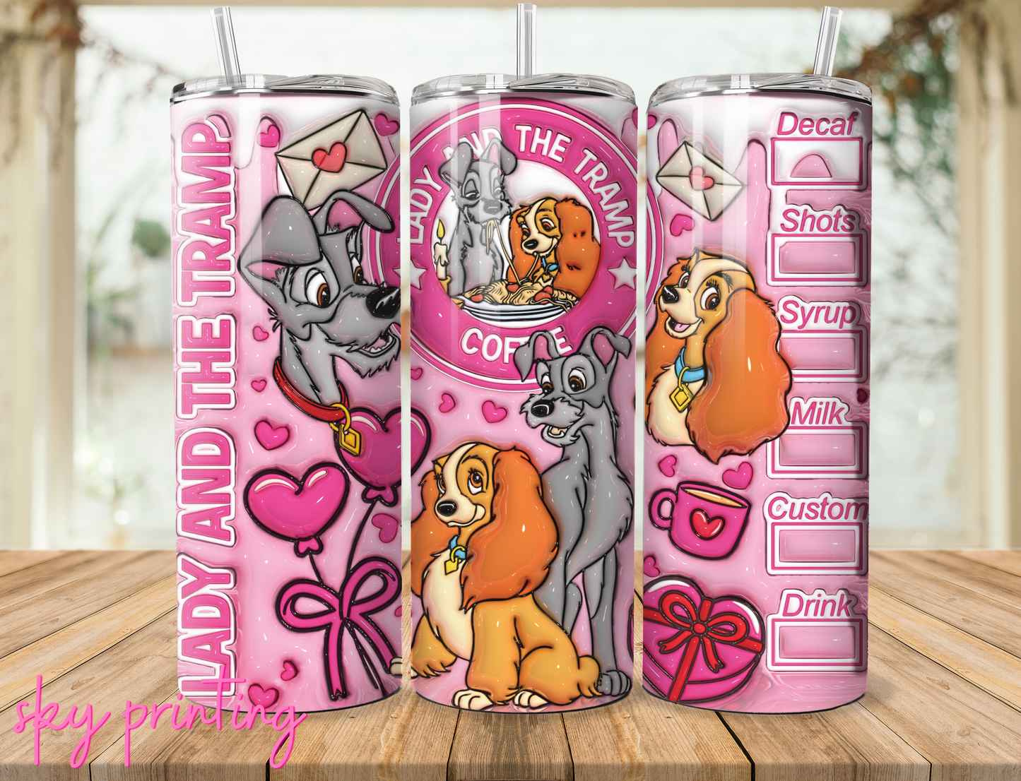 20 oz steel tumbler with plastic straw, Lady and the tramp