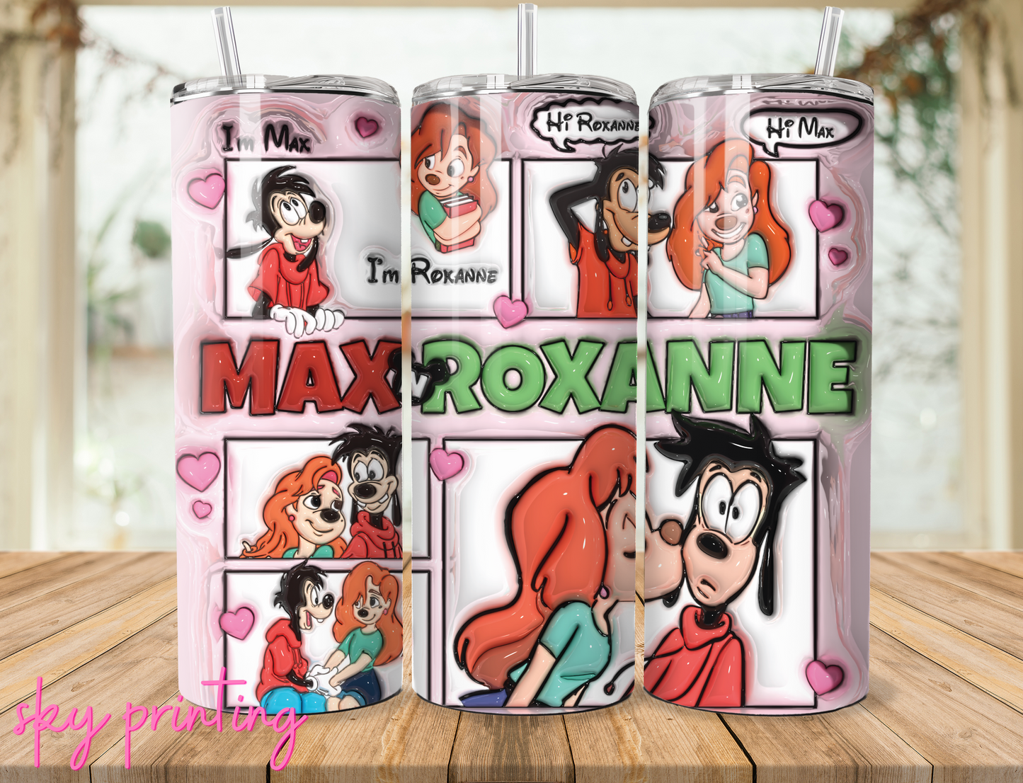 20 oz steel tumbler with plastic straw, Max and Roxanne