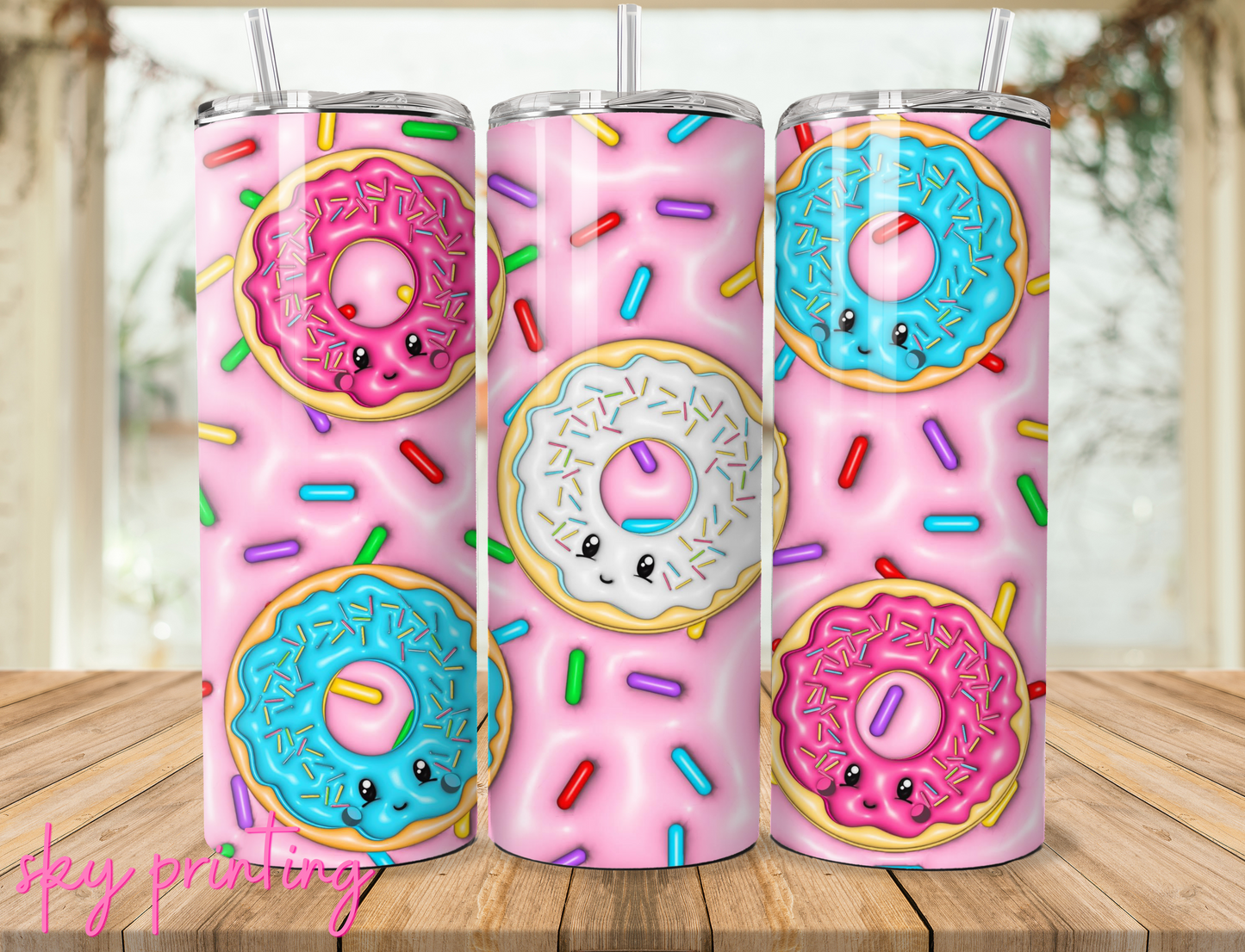 20 oz steel tumbler with plastic straw with donut image