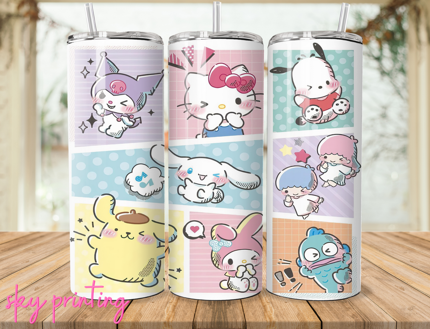 20 oz steel tumbler with plastic straw, Hello kitty and friends