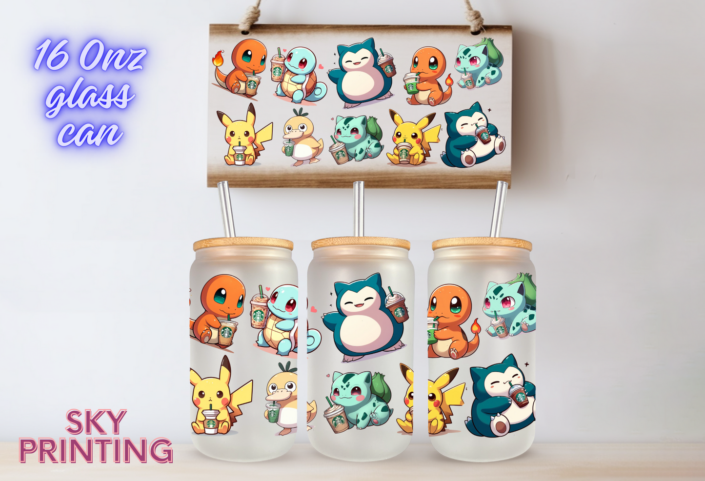 16 oz glass cup bamboo lid and plastic straw, Pokémon design