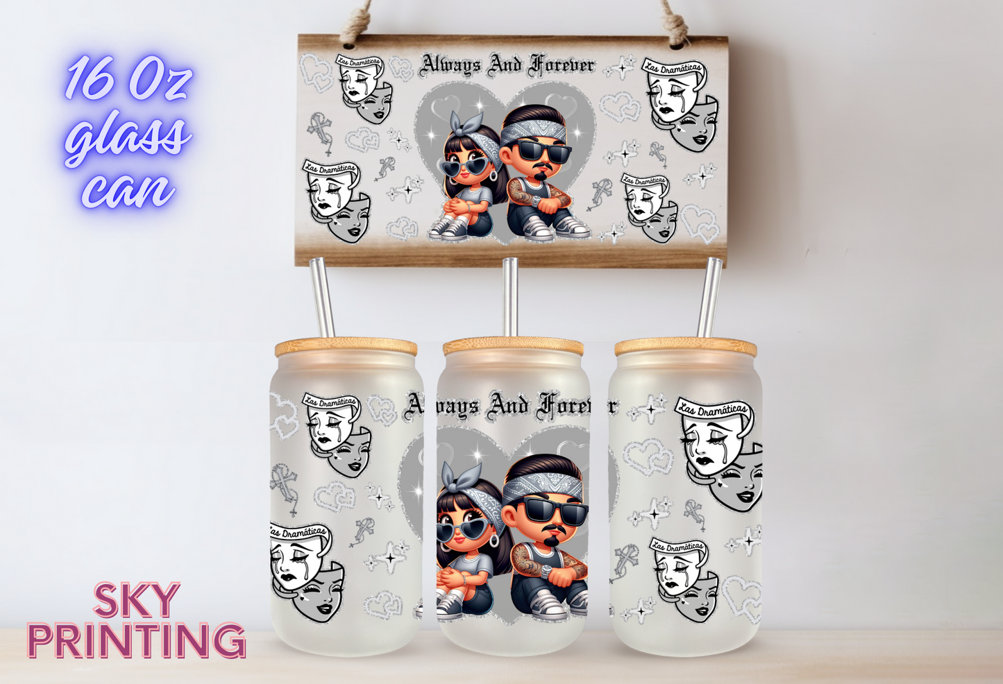 16 oz frosted glass can with bamboo lid and plastic straw
