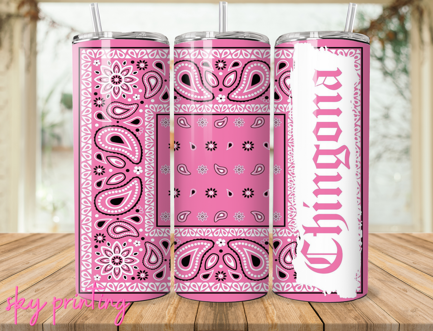 20 oz steel tumbler with plastic straw with chingona design
