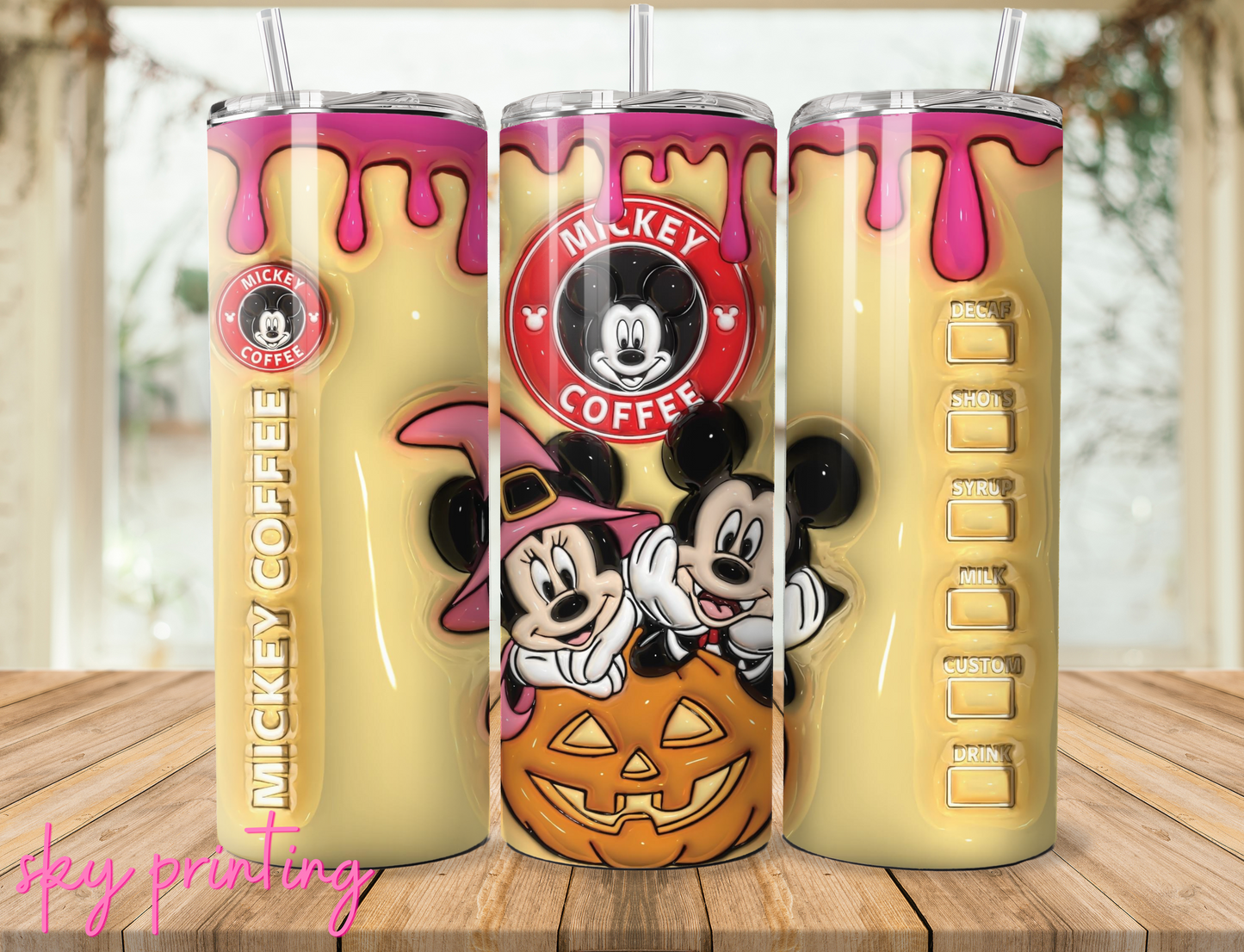 20 oz steel tumbler with plastic straw with mikey mouse design