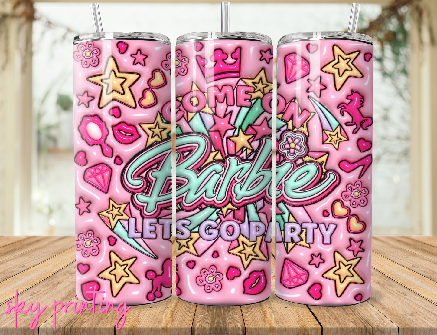 20 oz steel tumbler with plastic straw with barbie image