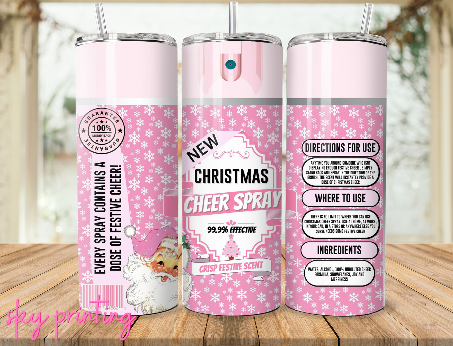20 oz steel tumbler with plastic straw, Christmas cheer