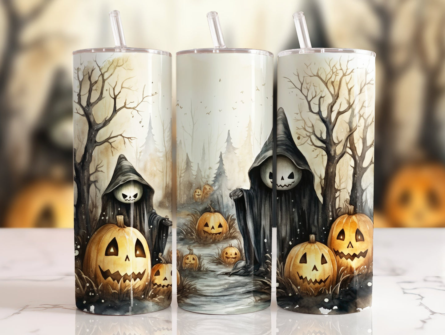 20 oz steel tumbler with plastic straw with Halloween image