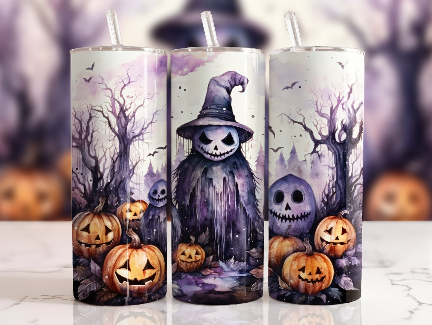 20 oz steel tumbler with plastic straw with Halloween image