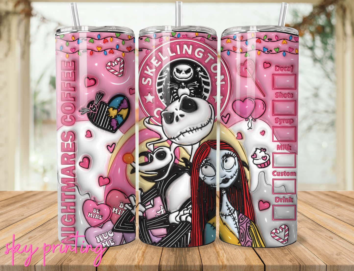 20 oz steel tumbler with plastic straw Jack and sally