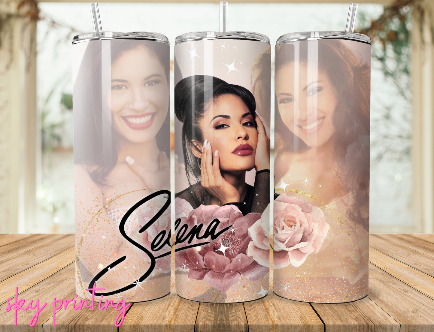20 oz steel tumbler with plastic straw with Selina image