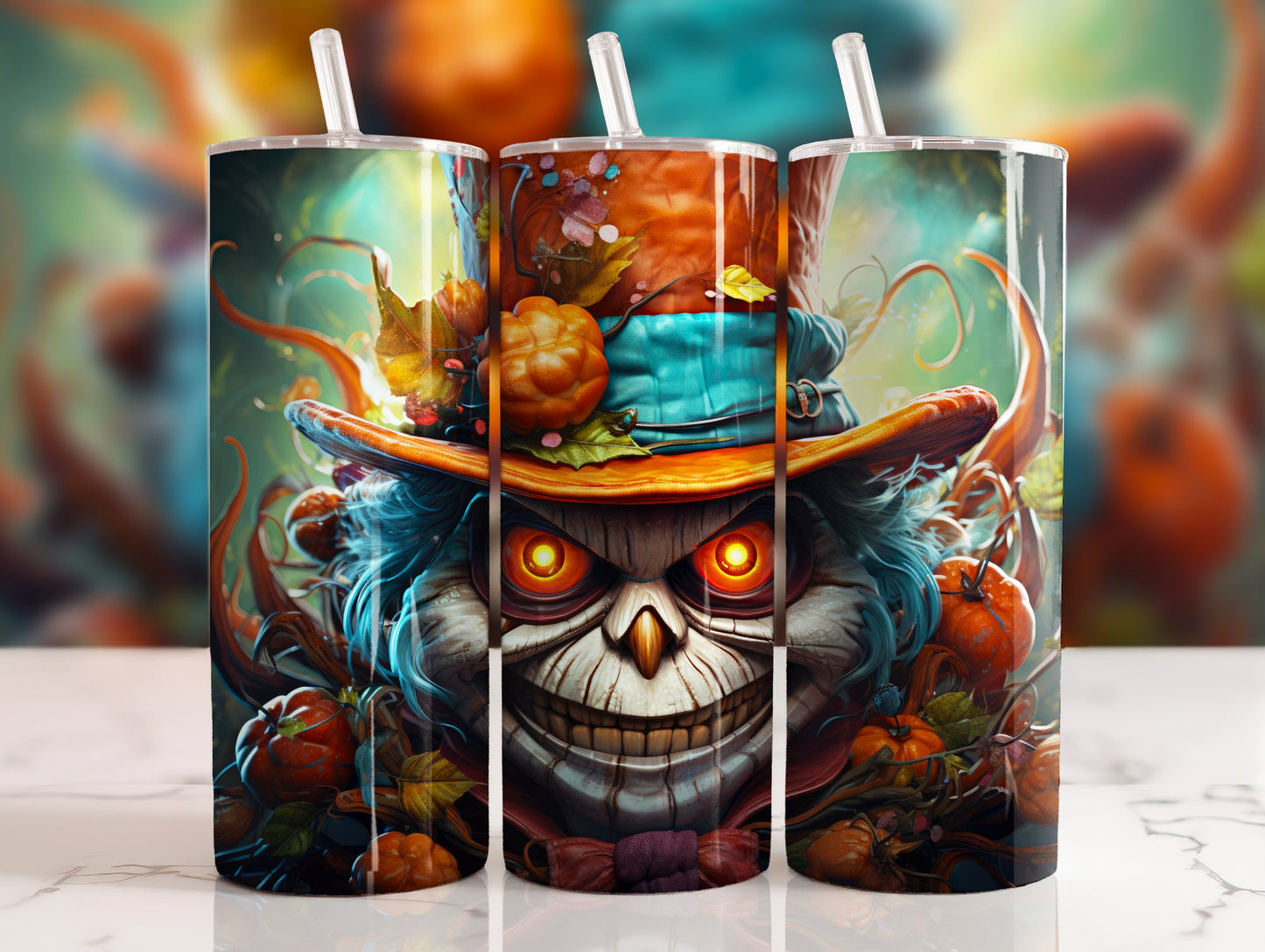 20 oz steel tumbler with plastic straw with Halloween image