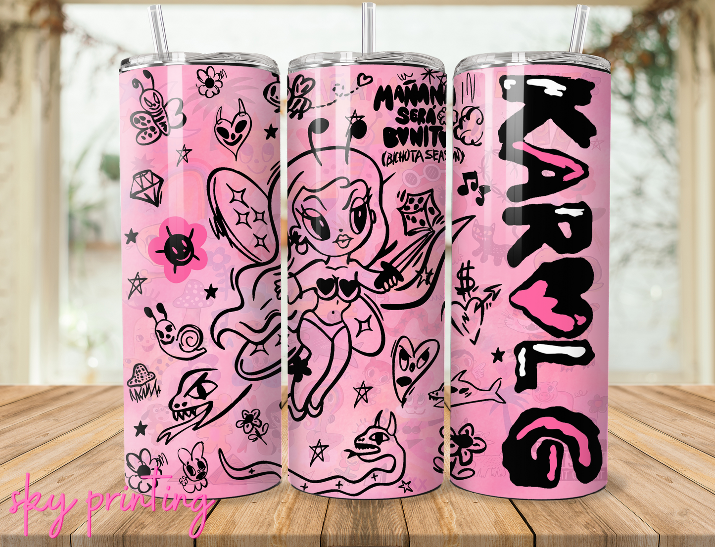 20 oz steel tumbler with plastic straw with Karol image