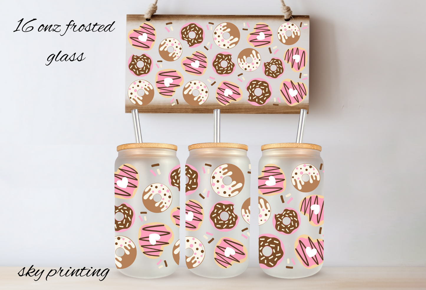 16 oz frosted glass can with plastic straw