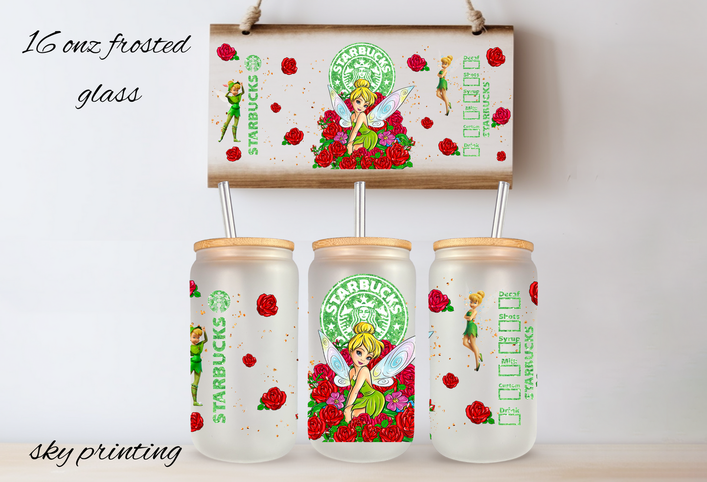 16 oz frosted glass can with wood lid and plastic straw