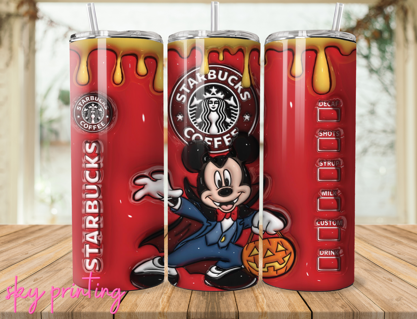 20 oz steel tumbler with plastic straw with mikey mouse design
