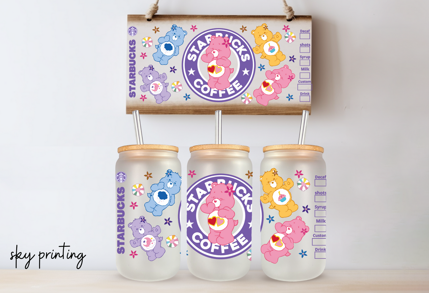 16 oz frosted glass can with care bear image