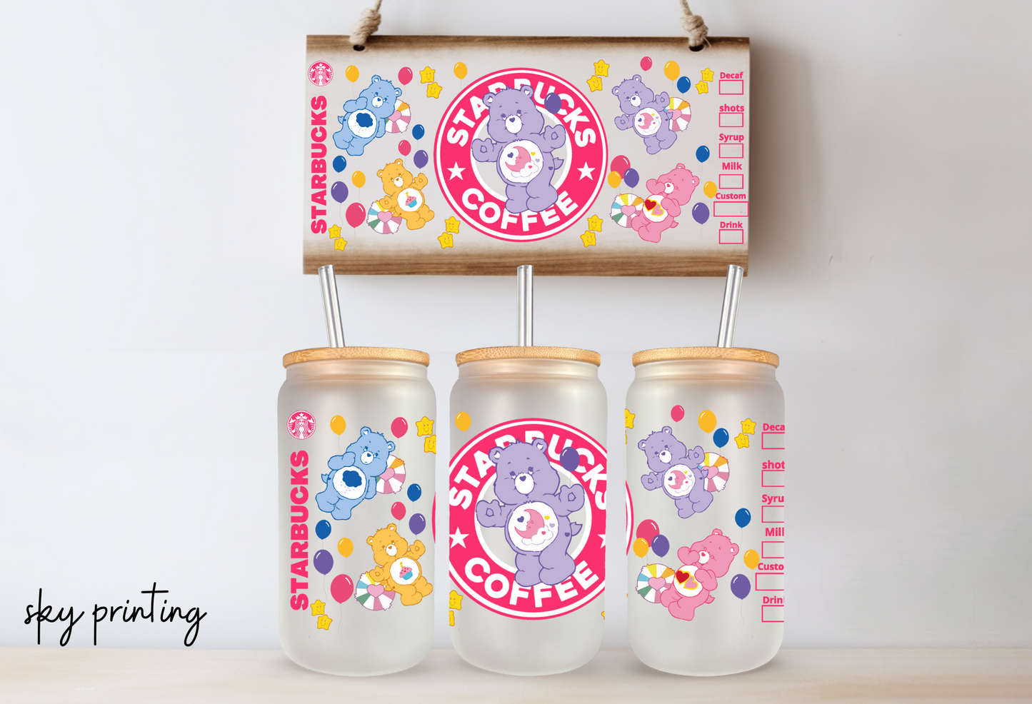 16 oz frosted glass can with starbuck care bear image