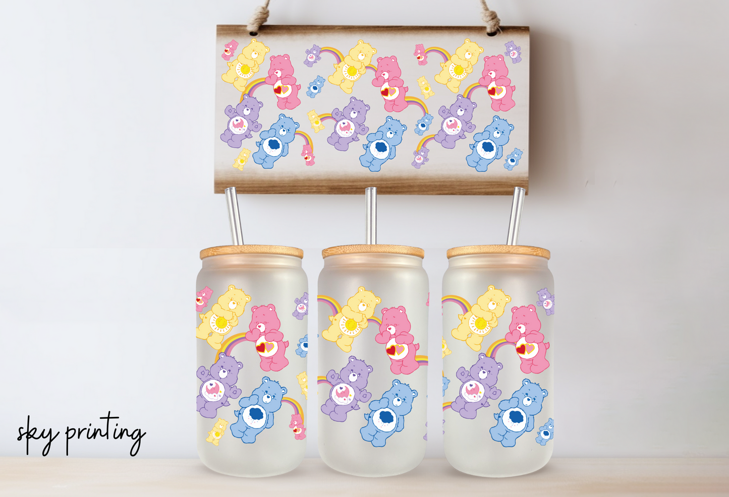 16 oz frosted glass can with care bear image