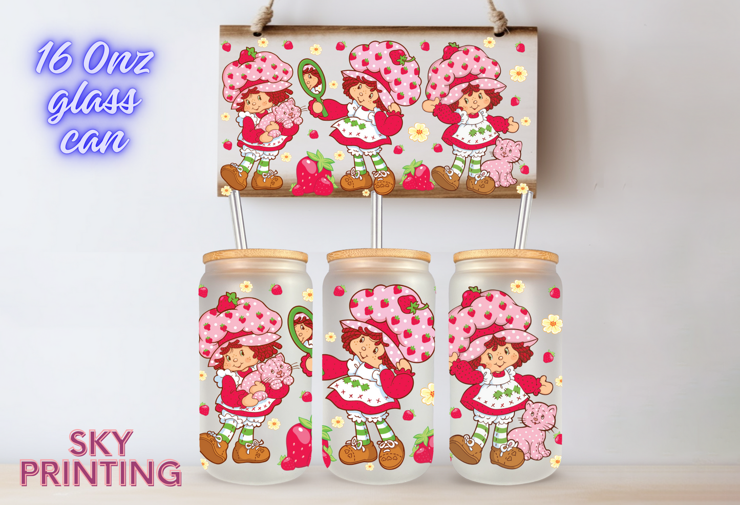 16 oz glass cup bamboo lid and plastic straw, Strawberry shortcake design