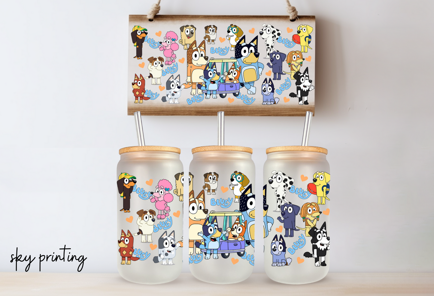 16 oz frosted glass can with bluey image