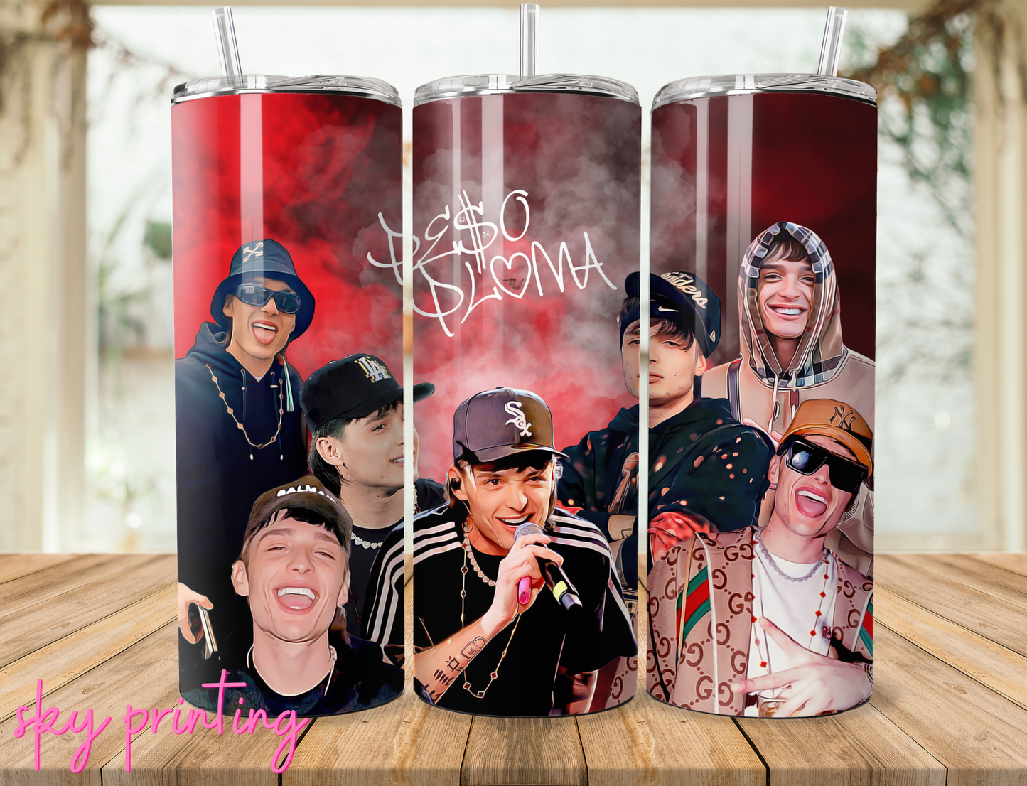 20 oz steel tumbler with plastic straw with peso pluma image