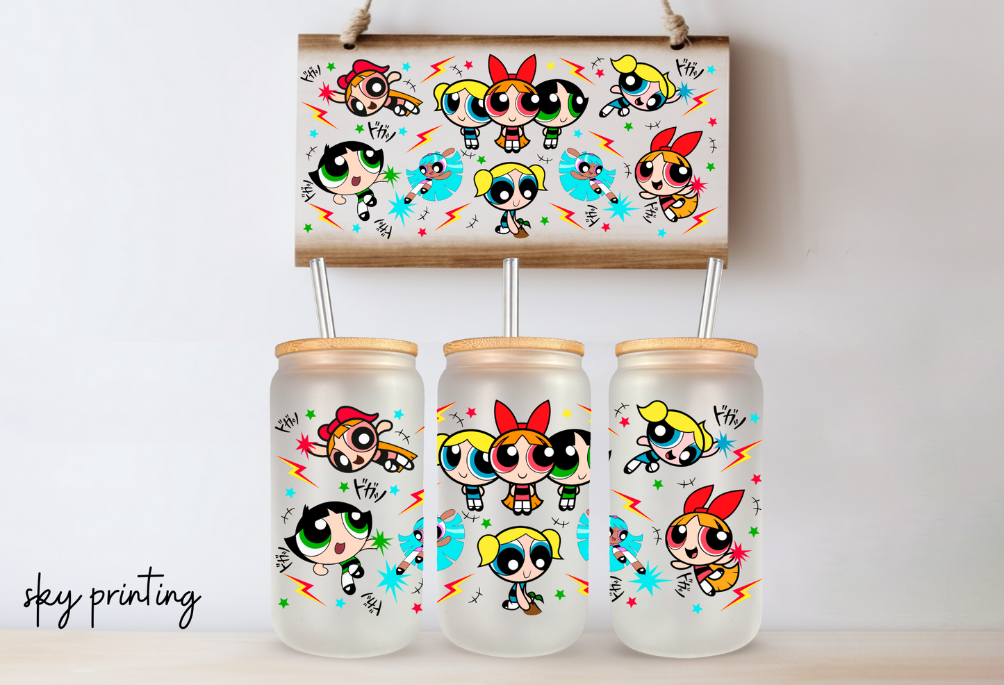 16 oz frosted glass can with power puff image