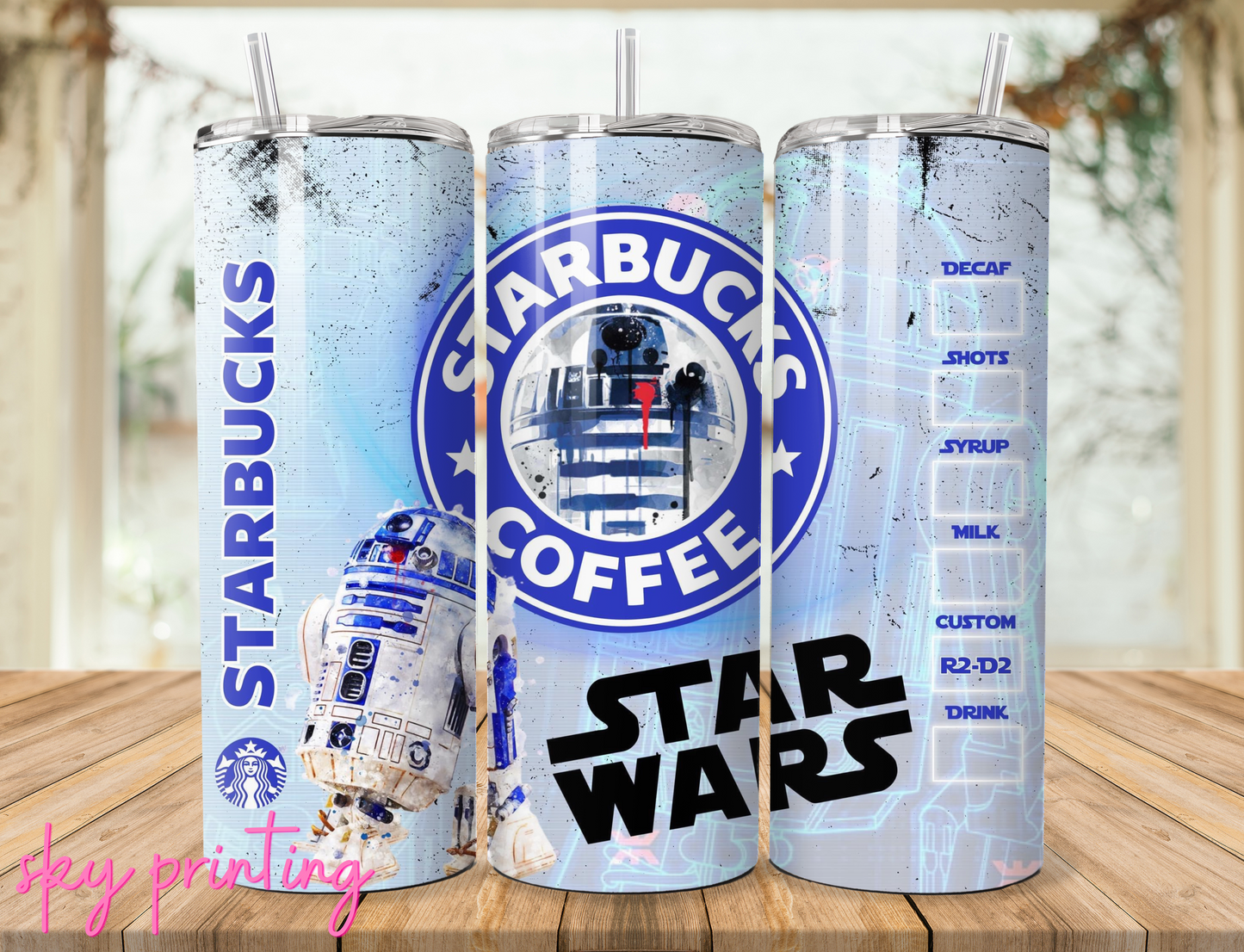 20 oz steel tumbler with plastic straw with star wars design