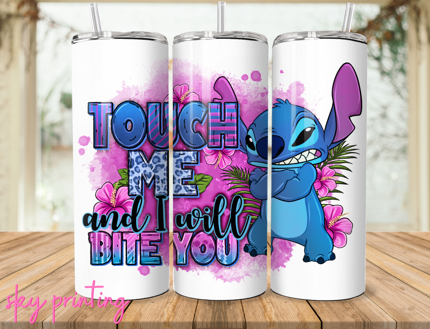 20 oz tumbler with "bite me" lilo and Stitch image