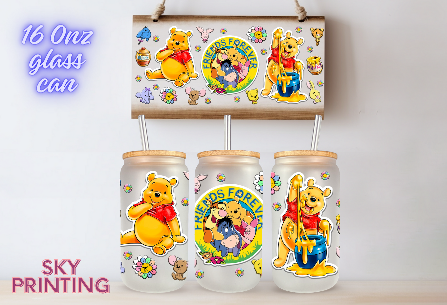 16 oz glass cup with bamboo lid and straw, Winnie pooh