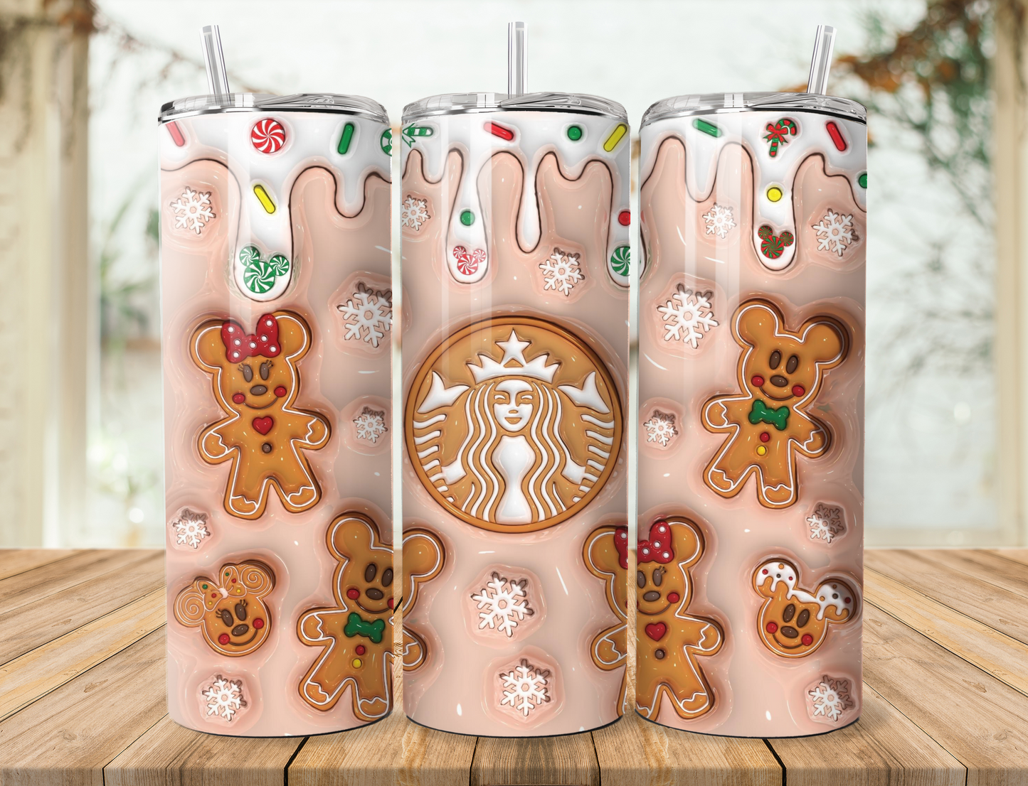 20 oz steel tumbler with plastic straw with Christmas design