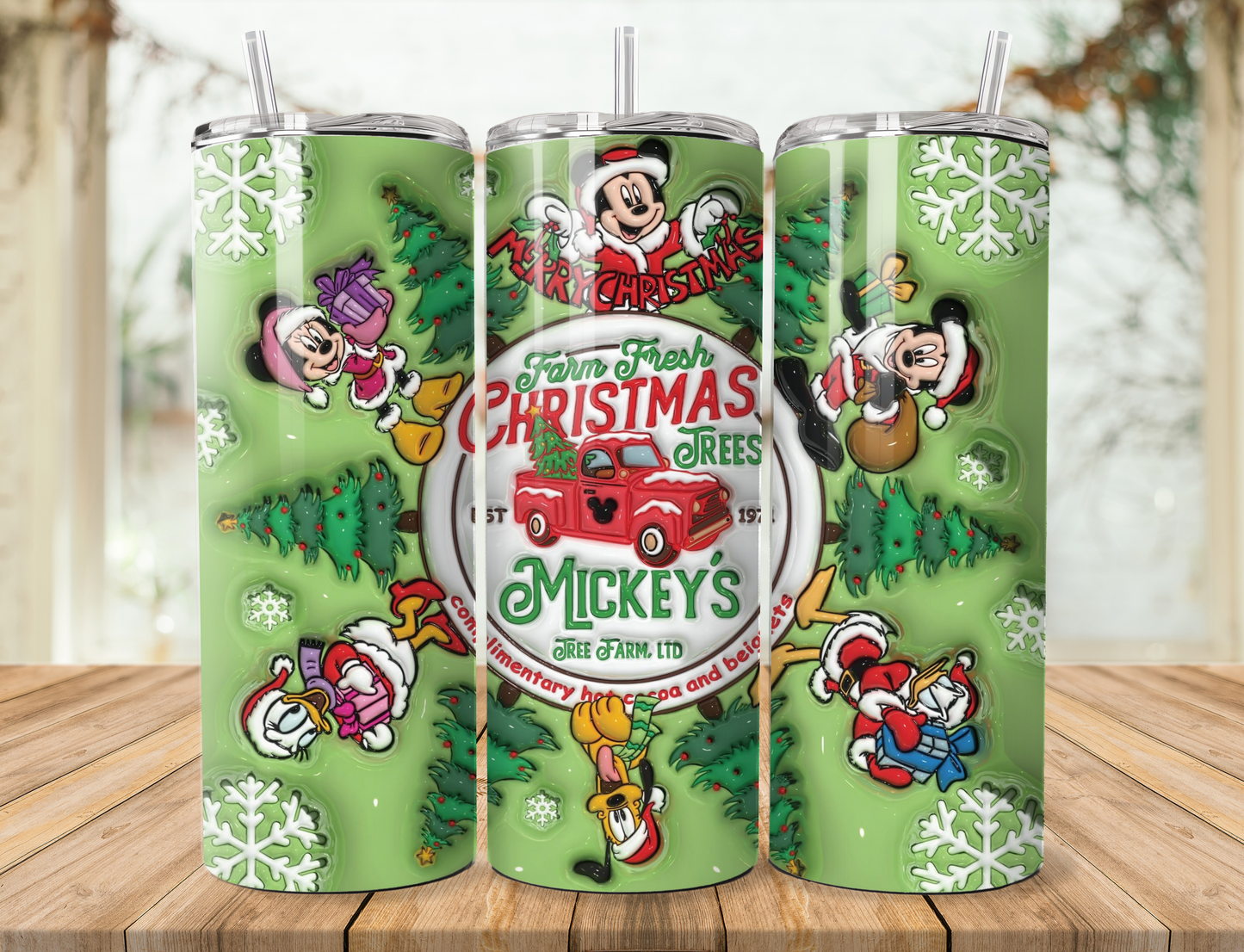 20 oz steel tumbler with plastic straw with Christmas design