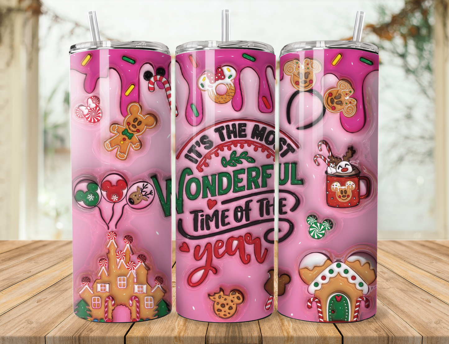 20 oz steel tumbler with plastic straw with Christmas design