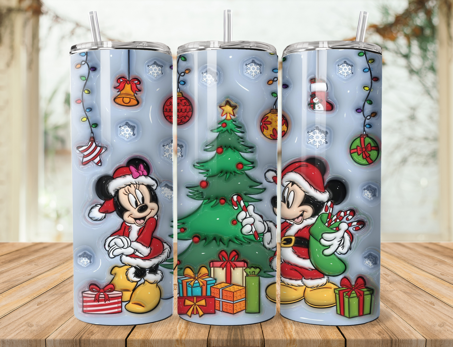 20 oz steel tumbler with plastic straw with Christmas design