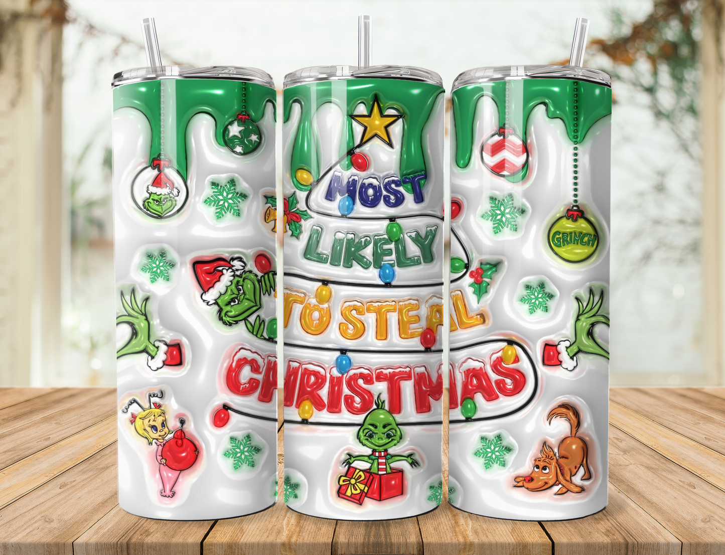 20 oz steel tumbler with plastic straw with Christmas design