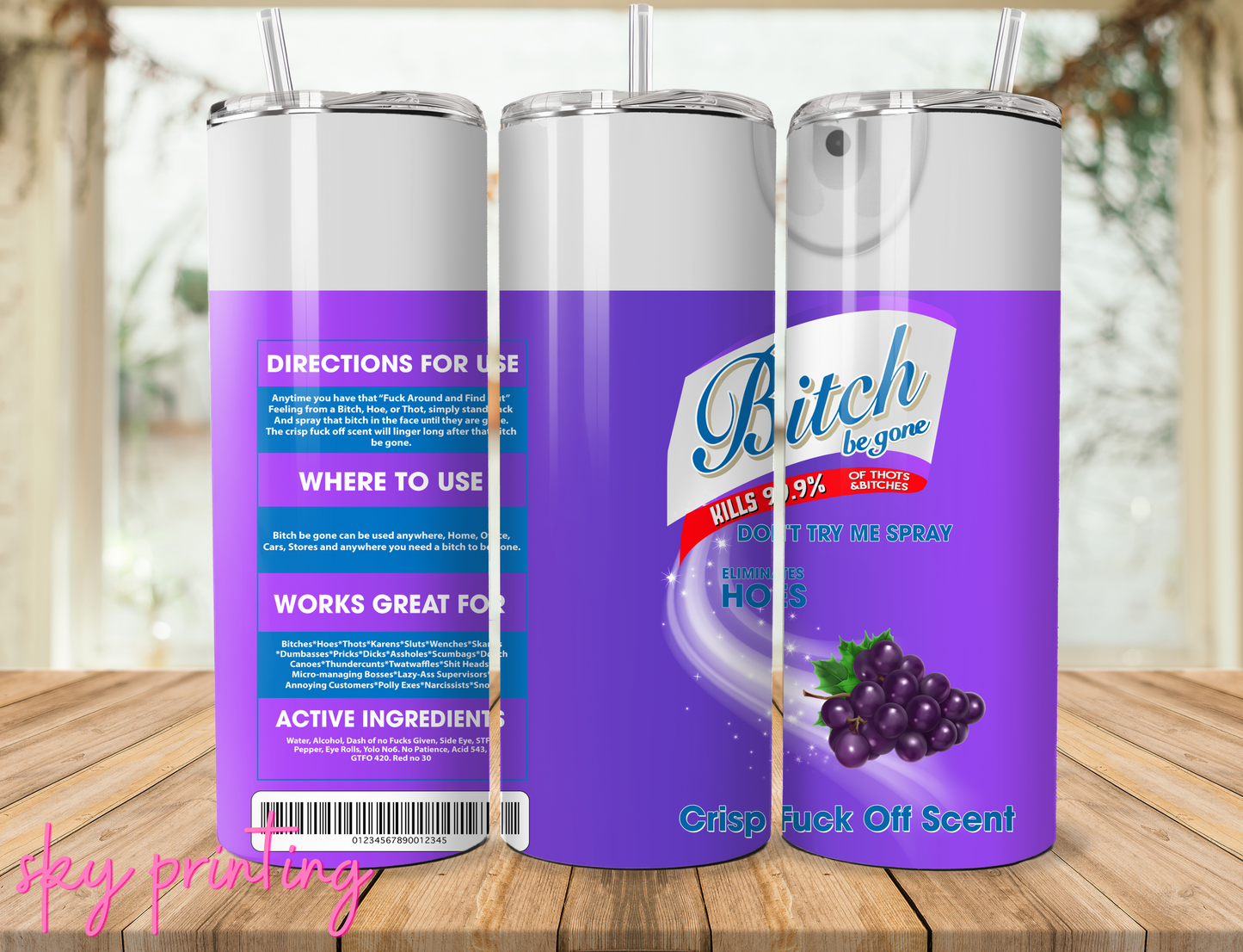 20 oz tumbler with "bitch" lysol grape image