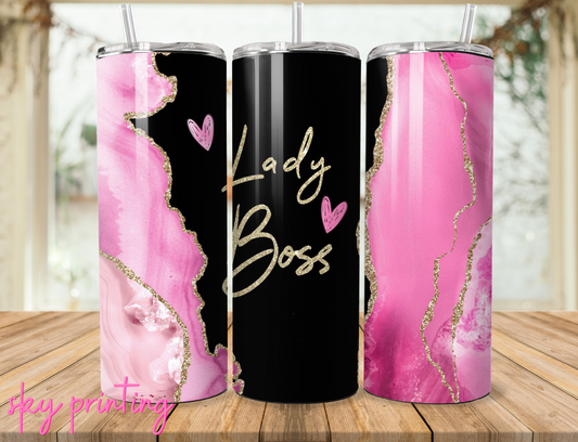 20 oz steel tumbler with plastic straw with lady boss image