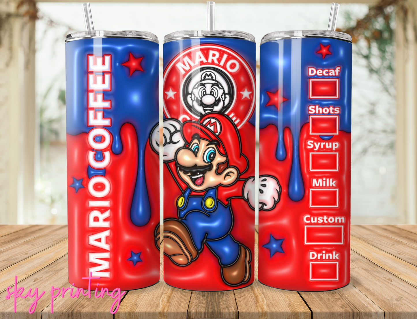 20 oz steel tumbler with plastic straw with mario design