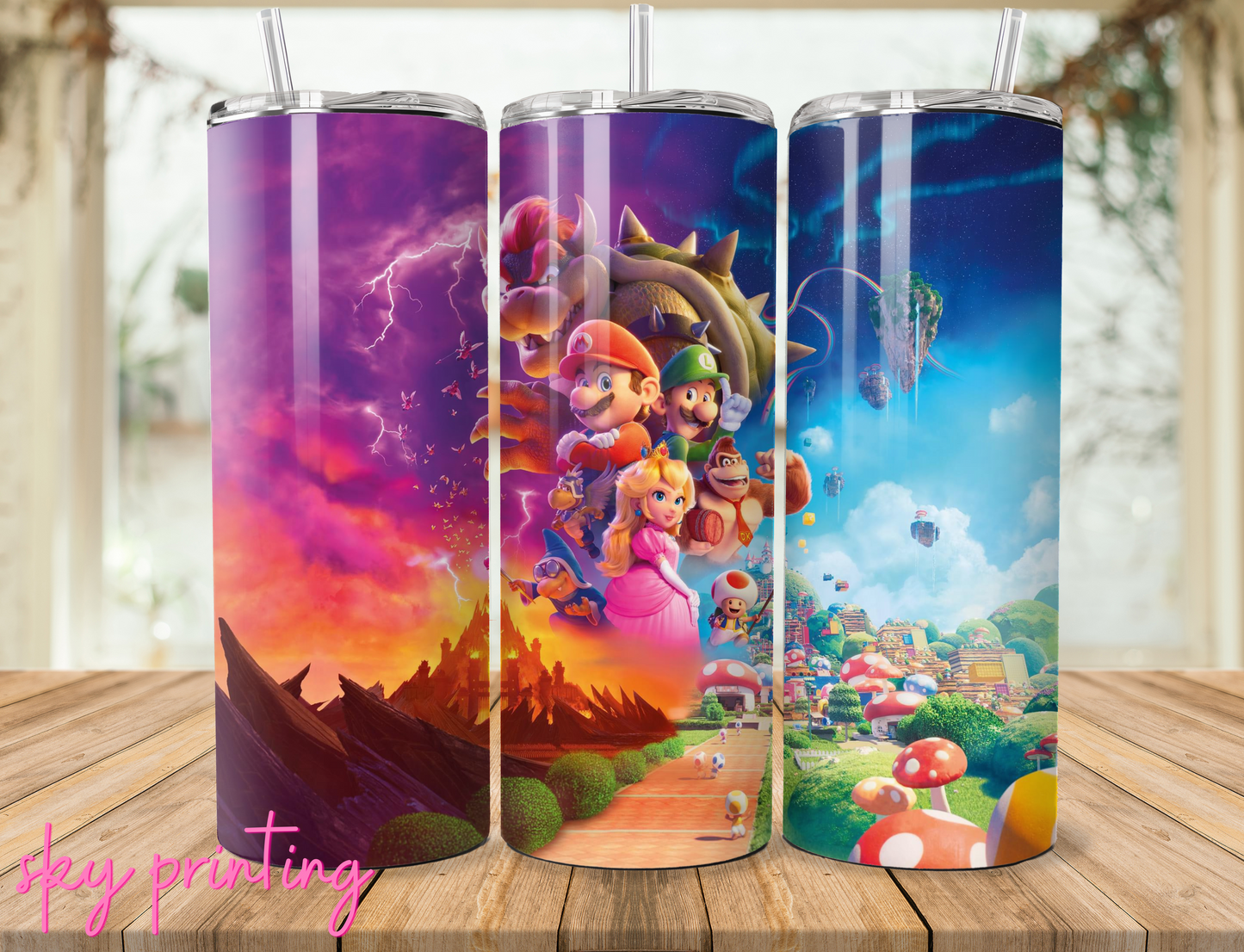 20 oz steel tumbler with plastic straw with mario design