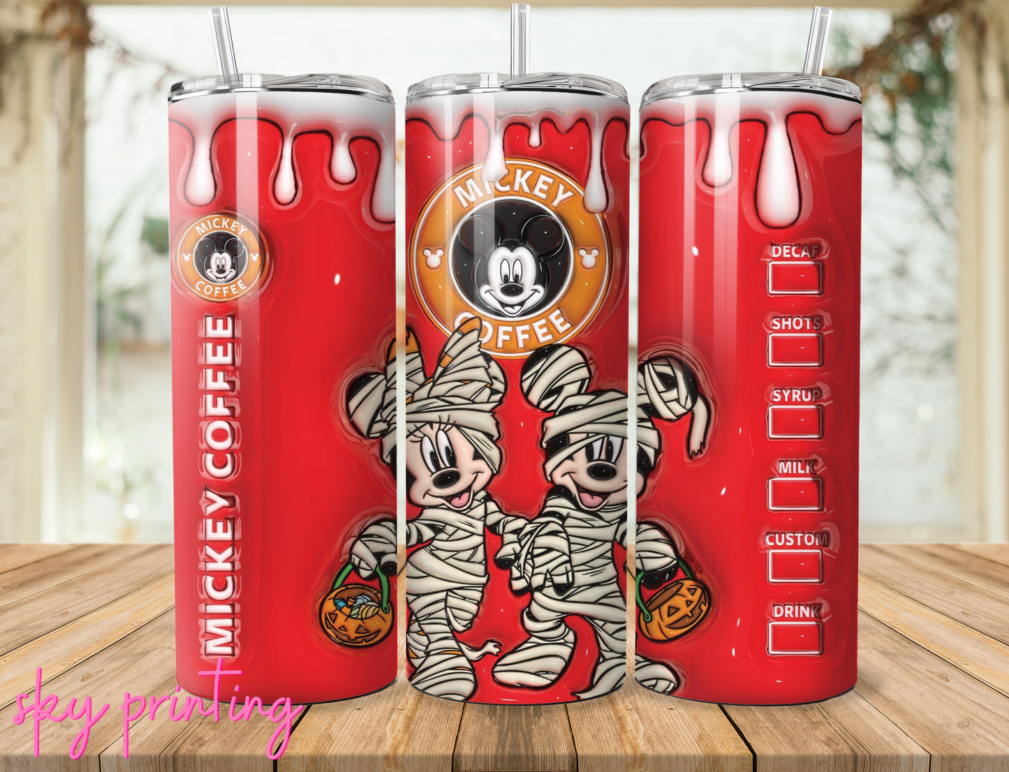 20 oz steel tumbler with plastic straw with mikey mouse design