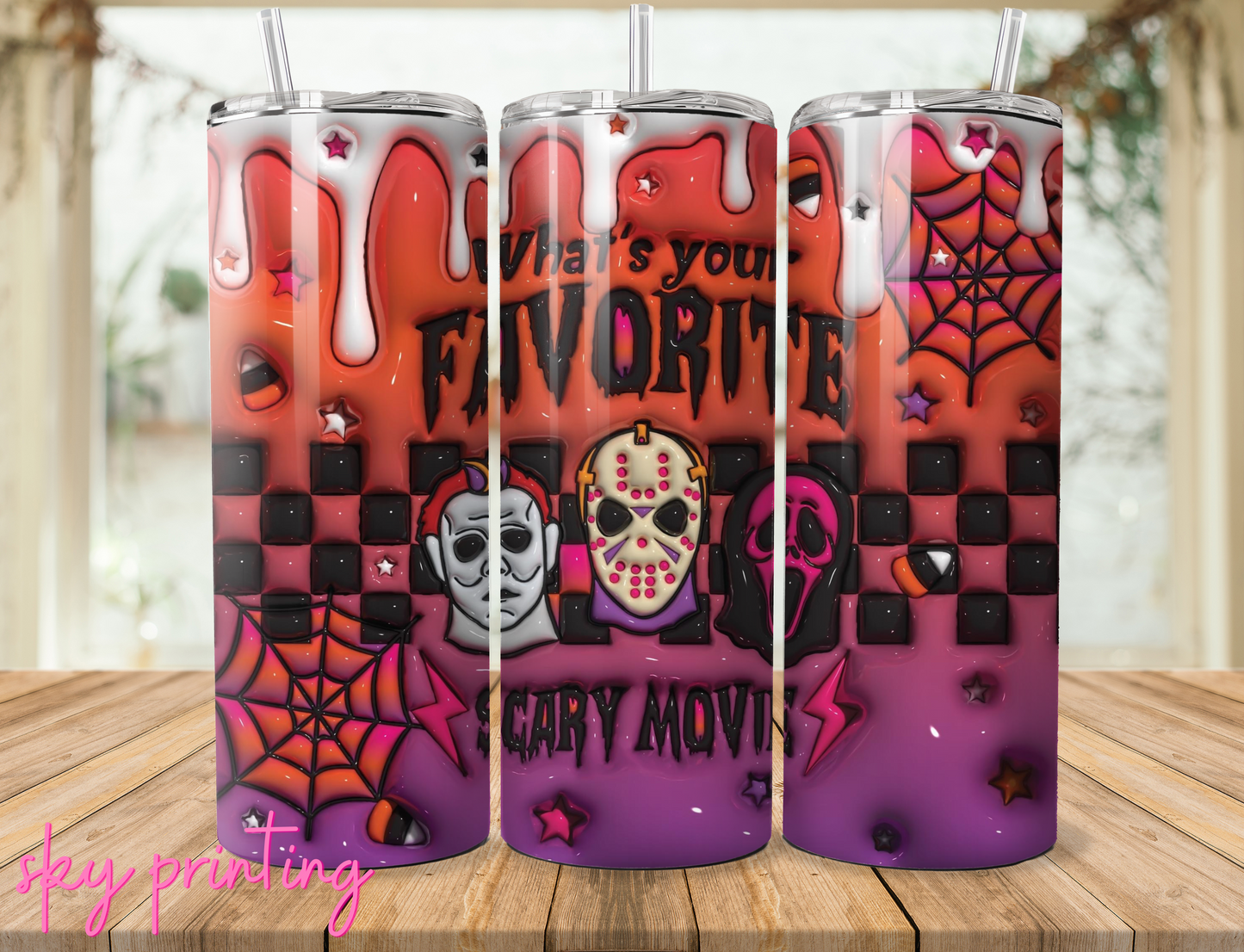 20 oz steel tumbler with plastic straw with Halloween image