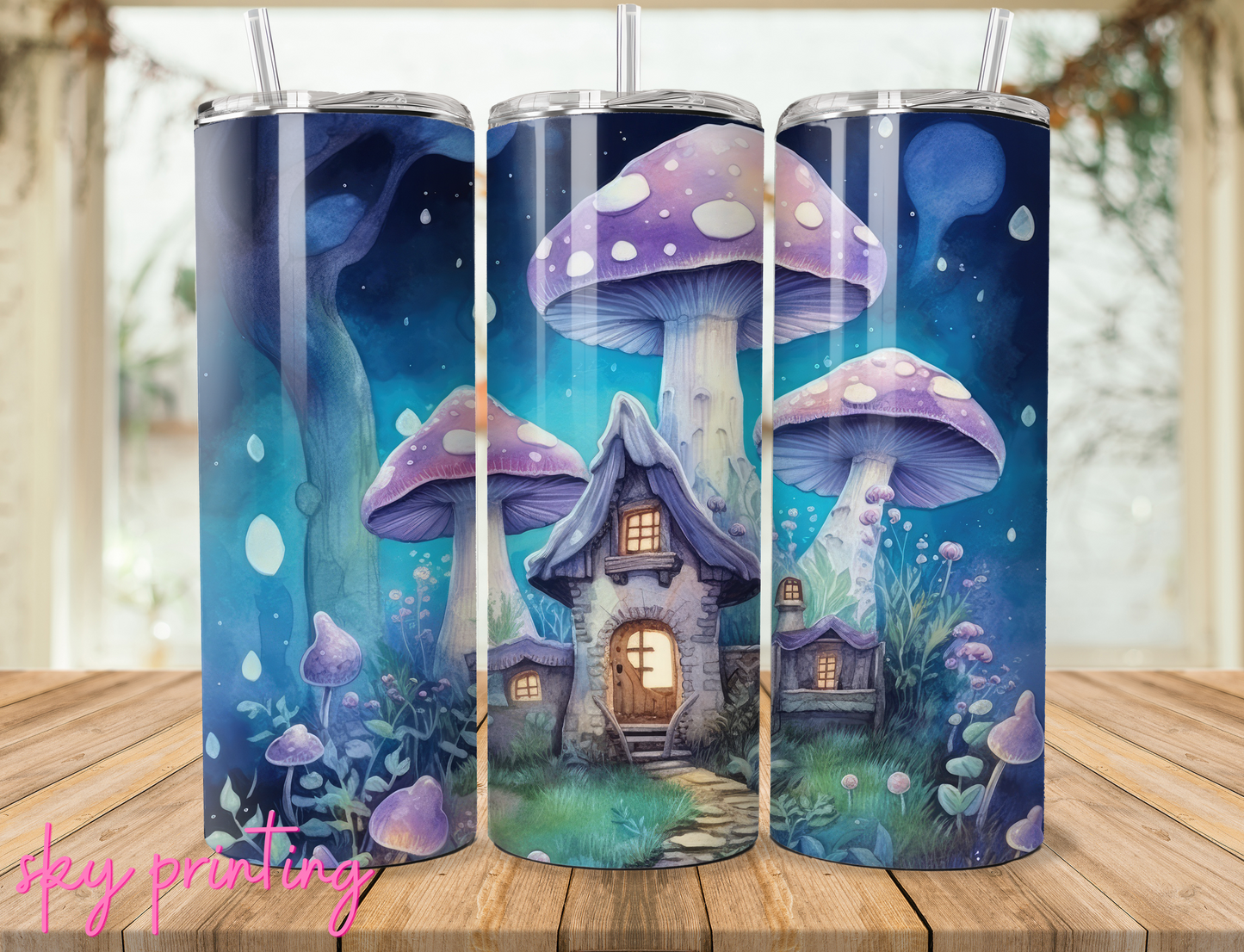 20 oz tumbler with mushroom house image