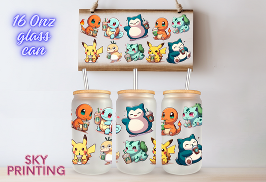 16 oz glass cup bamboo lid and plastic straw, Pokémon design