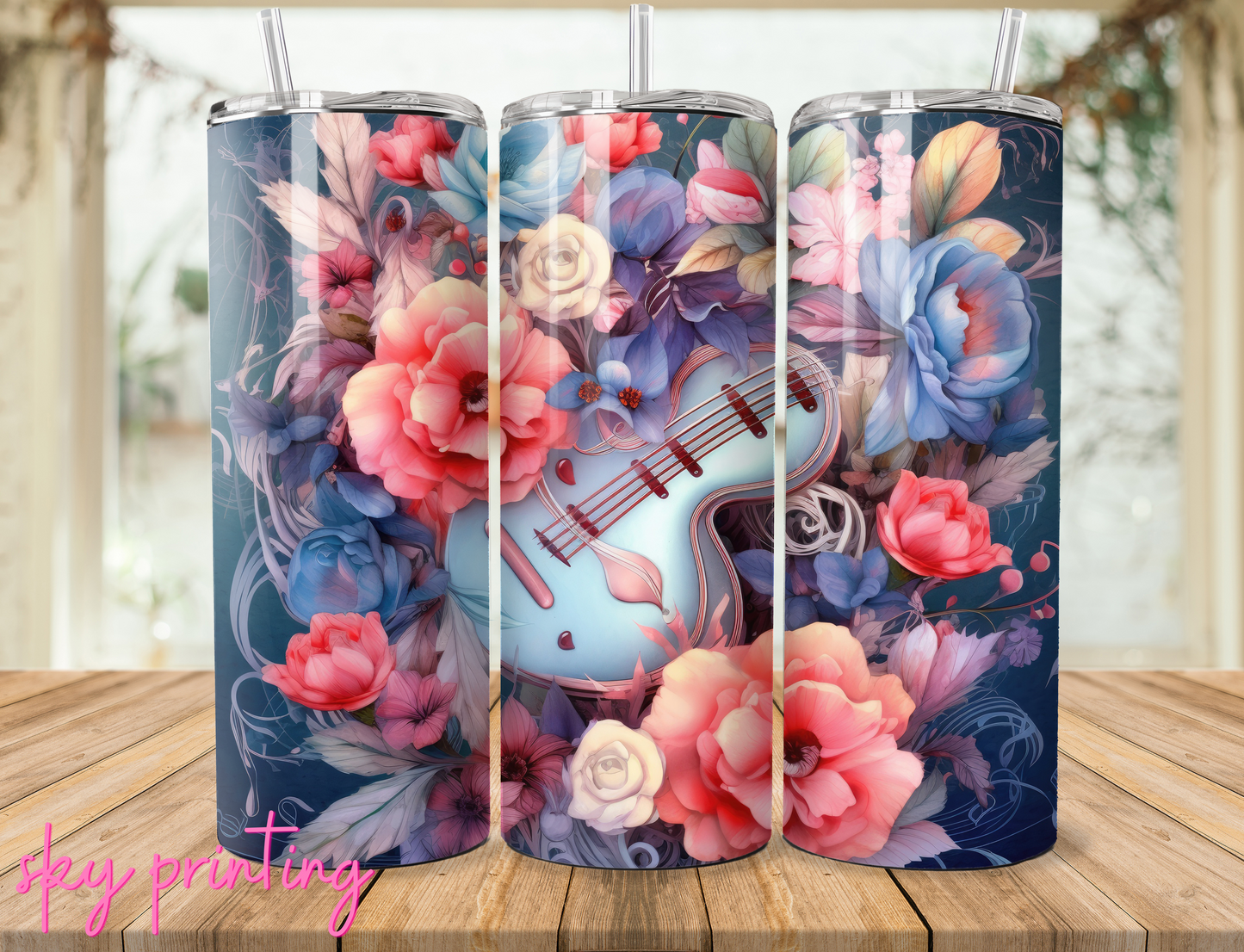 20 oz tumbler with flower guitar