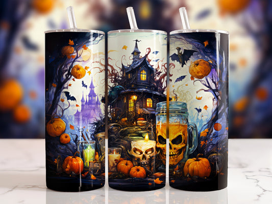 20 oz steel tumbler with plastic straw with halloween image