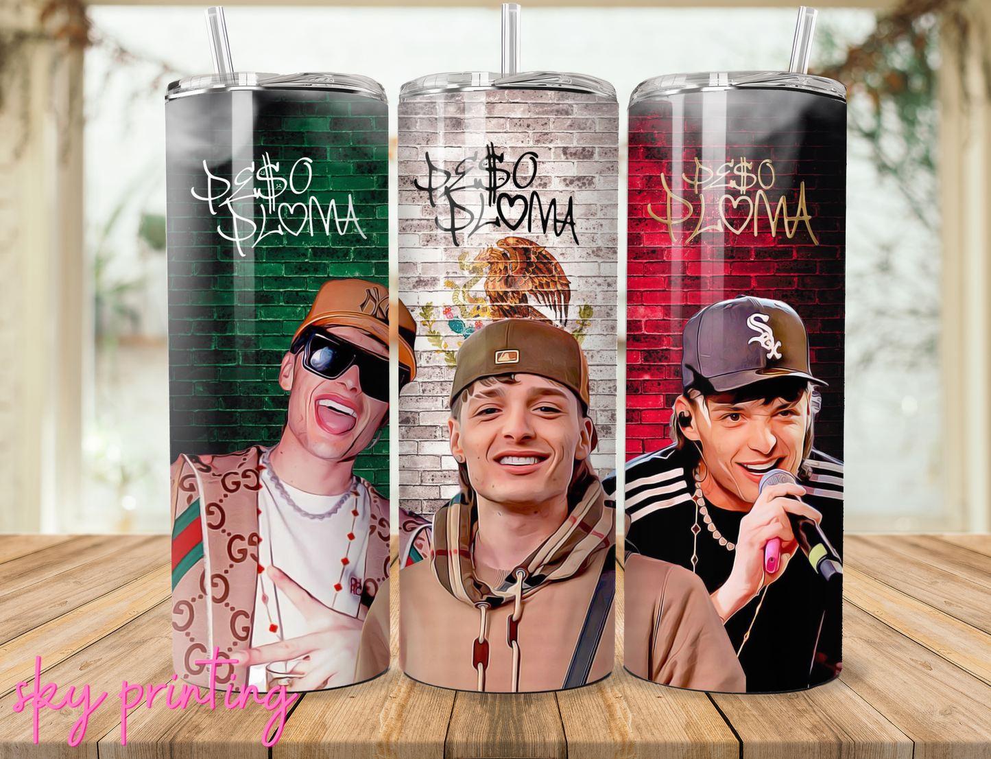 20 oz steel tumbler with plastic straw with peso pluma image