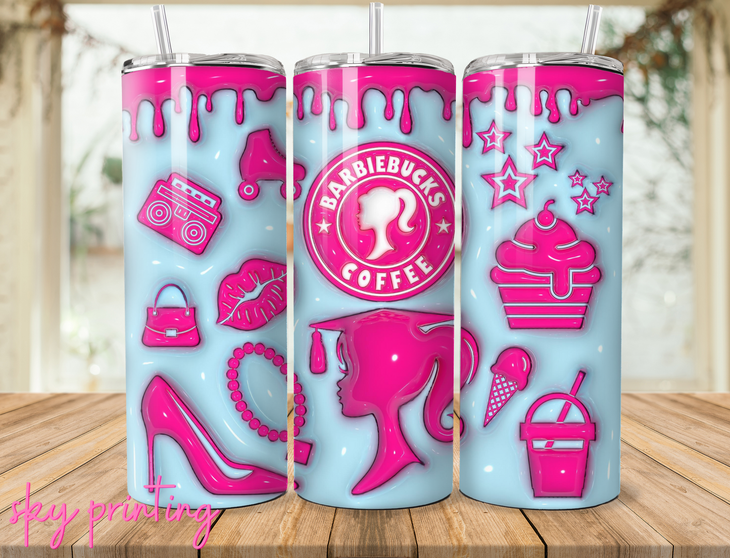20 oz steel tumbler with plastic straw with barbie image
