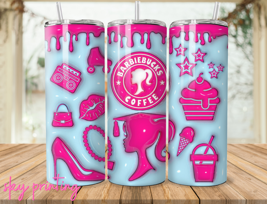 20 oz steel tumbler with plastic straw with barbie image