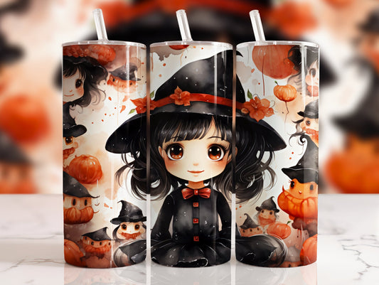 20 oz steel tumbler with plastic straw with halloween image