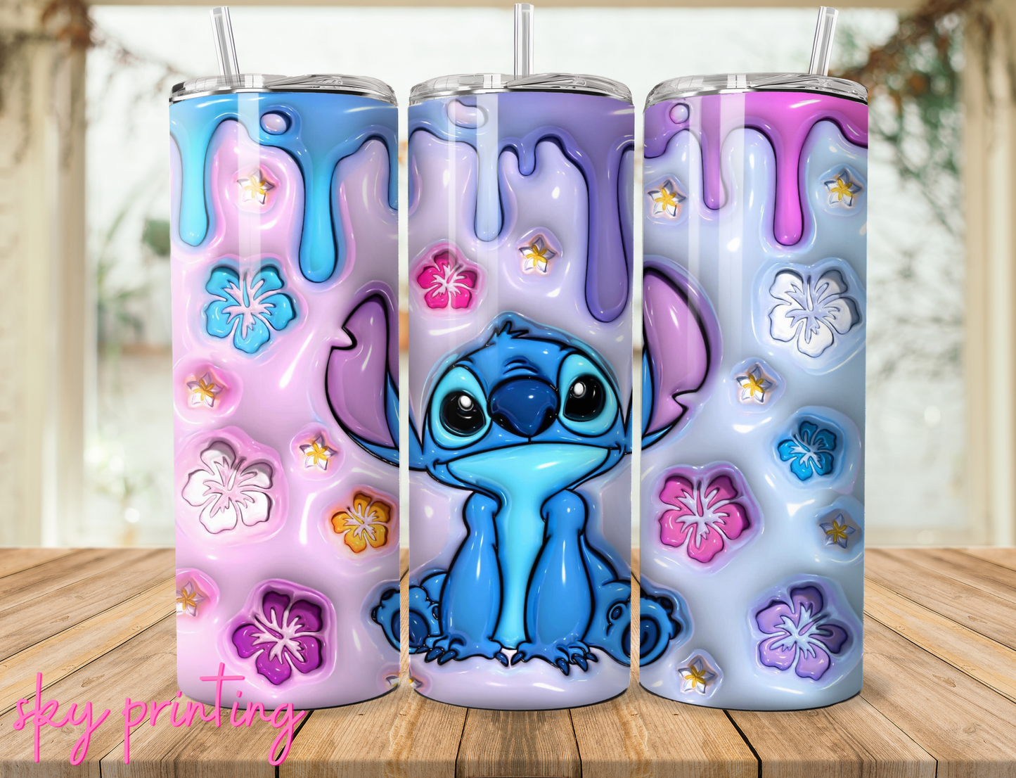 20 oz steel tumbler with plastic straw with stitch image